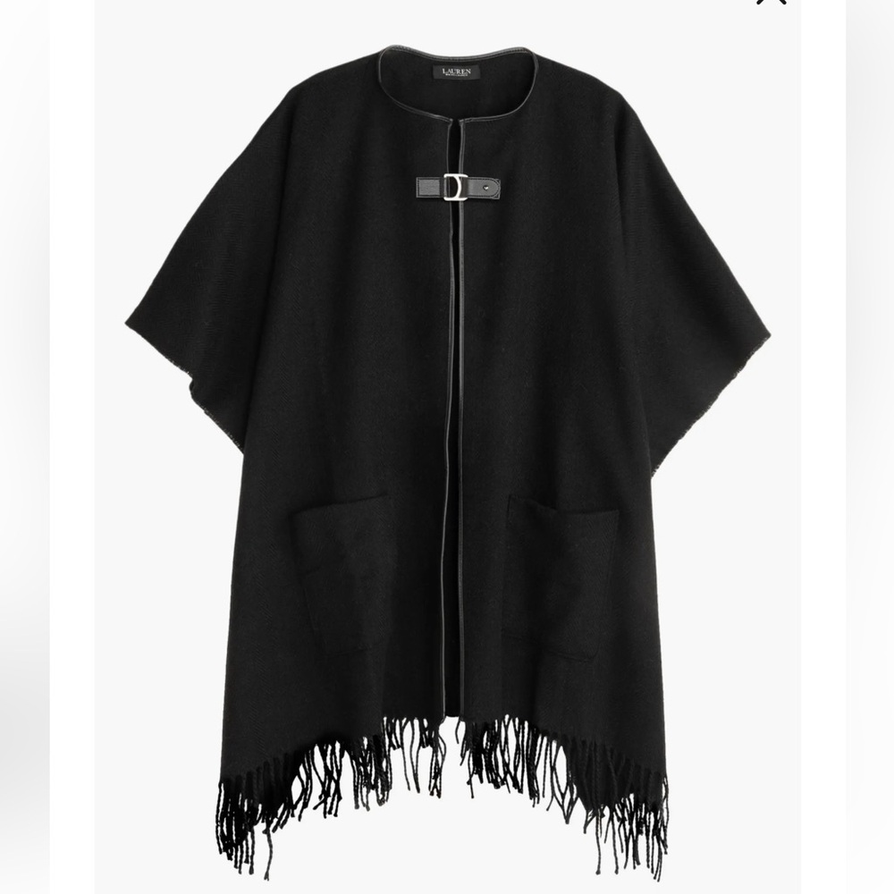 POLO by  Ralph Lauren Black Buckle Wrap Poncho Cape Fringe One Size